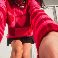 Heart Checkered Pattern Long Sleeve Sweater - Red