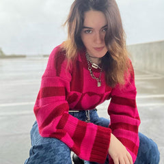 Heart Checkered Pattern Long Sleeve Sweater - Red