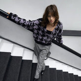 Houndstooth Pattern Button Up Long Sleeve Cropped Cardigan - Purple