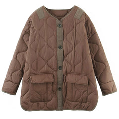 Long Sleeve Button Down Flap Pocket Quilted Jacket - Chocolate