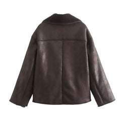 Notch Collar Button Up Long Sleeve Faux Suede Shearling Coat - Coffee