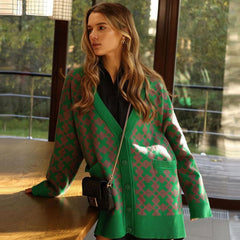 Print V Neck Button Up Long Sleeve Ribbed Cardigan - Pink Green