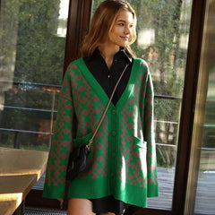 Print V Neck Button Up Long Sleeve Ribbed Cardigan - Pink Green