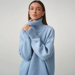 High Low Turtleneck Long Sleeve Sweater - Baby Blue