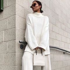 Mock Neck Drop Shoulder Long Sleeve Sweater - White