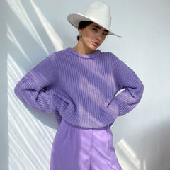 Candy Color Crewneck Pullover Sweater - Purple