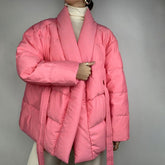 Shawl Collar Long Sleeve Belted Puffer Jacket - Coral Pink