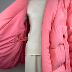 Shawl Collar Long Sleeve Belted Puffer Jacket - Coral Pink