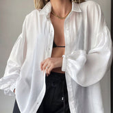 Textured Drop Shoulder Bishop Sleeve Button Up Collared Shirt - White