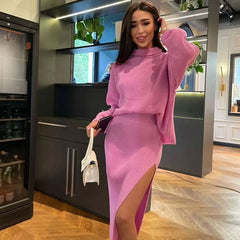 Sweater High Split Midi Skirt Matching Set - Pink