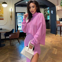 Sweater High Split Midi Skirt Matching Set - Pink