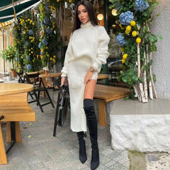 Sweater High Split Midi Skirt Matching Set - White