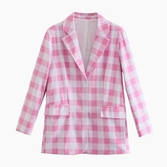Plaid Print Long Sleeve Blazer and Pleated Mini Skirt Matching Set - Pink