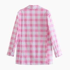 Plaid Print Long Sleeve Blazer and Pleated Mini Skirt Matching Set - Pink