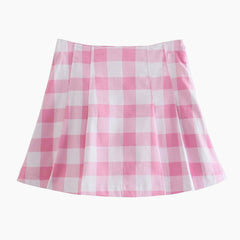 Plaid Print Long Sleeve Blazer and Pleated Mini Skirt Matching Set - Pink