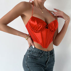 Polished Ruched Sweetheart Satin Crop Corset Top - Orange Red