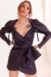 Polka Dot Puff Sleeve Tie Front Ruffle Ruched Mini Dress - Black