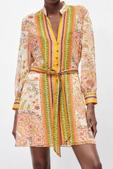 Prairie Collared V Neck Paisley Printed Chiffon Shirt Mini Dress - Floral