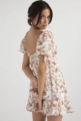 Pretty Tie Strap Puff Sleeve Printed Babydoll Mini Sundress - Floral