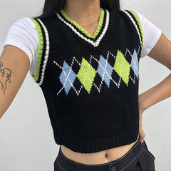 Theda Argyle Plaid Knitted Crop Vest