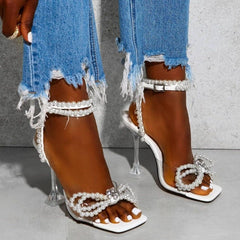 White Pearl Bow Ankle Strap Heels