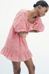 Puff Sleeve Broderie Anglaise Ruffle Mini Smock Dress - Pink