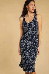 Retro Floral Print V Neck French Sleeveless Midi Sundress - Navy Blue