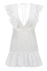 Ruffle Cap Sleeve Backless Crochet Lace V Neck Mini Dress - White