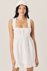 Ruffle Eyelet Floral Embroidered Sleeveless Babydoll Mini Dress - White
