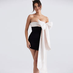 Bowknot Color Strapless Bodycon Party Mini Dress - Black