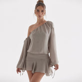 Ruffle Hem Bishop Sleeve One Shoulder Mini Dress - Gray