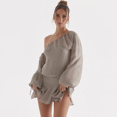 Ruffle Hem Bishop Sleeve One Shoulder Mini Dress - Gray