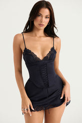 Club Lace Up Belt V Neck Lace Satin Slip Mini Dress - Black