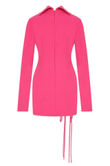 Cutout Bow Tie High Neck Long Sleeve Bandage Mini Dress - Hot Pink