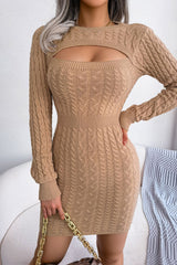 Cutout Fisherman Cable Knit Bodycon Sweater Mini Dress - Khaki
