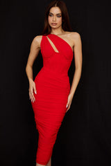 Cutout One Shoulder Ruched Bodycon Mesh Corset Midi Dress - Red