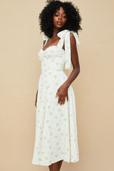 Ditsy Floral Tie Strap Fit & Flare High Slit Slip Midi Sun Dress - Yellow