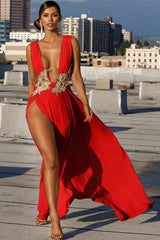 Floral Applique Deep V Backless High Slit Maxi Cocktail Dress - Red