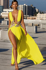 Floral Applique Deep V Backless High Slit Maxi Cocktail Dress - Yellow