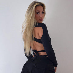 High Neck Long Sleeve Cutout Layered Bodysuit - Black
