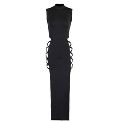 High Neck Sleeveless High Slit Cut Out Maxi Dress - Black