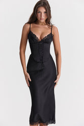Party Lace Up Belt V Neck Lace Satin Slip Midi Dress - Black