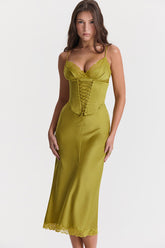 Party Lace Up Belt V Neck Lace Satin Slip Midi Dress - Chartreuse
