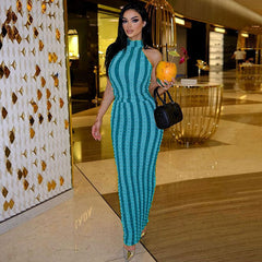 Striped High Neck Sleeveless Bodycon Maxi Dress - Blue
