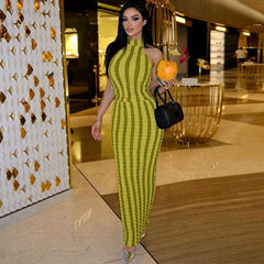 Striped High Neck Sleeveless Bodycon Maxi Dress - Green