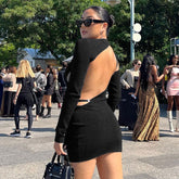 Ribbed Cut Out Long Sleeve Backless Bodycon Party Mini Dress - Black