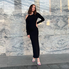 Ribbed Solid Color Cut Out Long Sleeve Backless Maxi Dress - Black