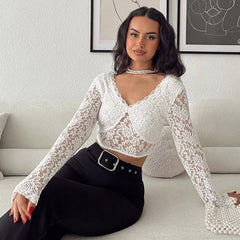 V Neck Long Sleeve Cropped Sheer Floral Lace Top - White