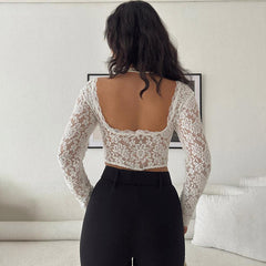 V Neck Long Sleeve Cropped Sheer Floral Lace Top - White