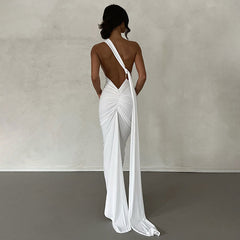 One Shoulder Ruched Backless Evening Maxi Dress - Hot Pink